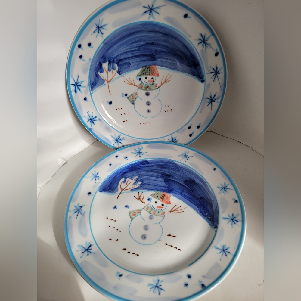 Vintage Set of 2 Snowman Holiday Winter Dessert Plates  Montgomery Wards 7 3/4"